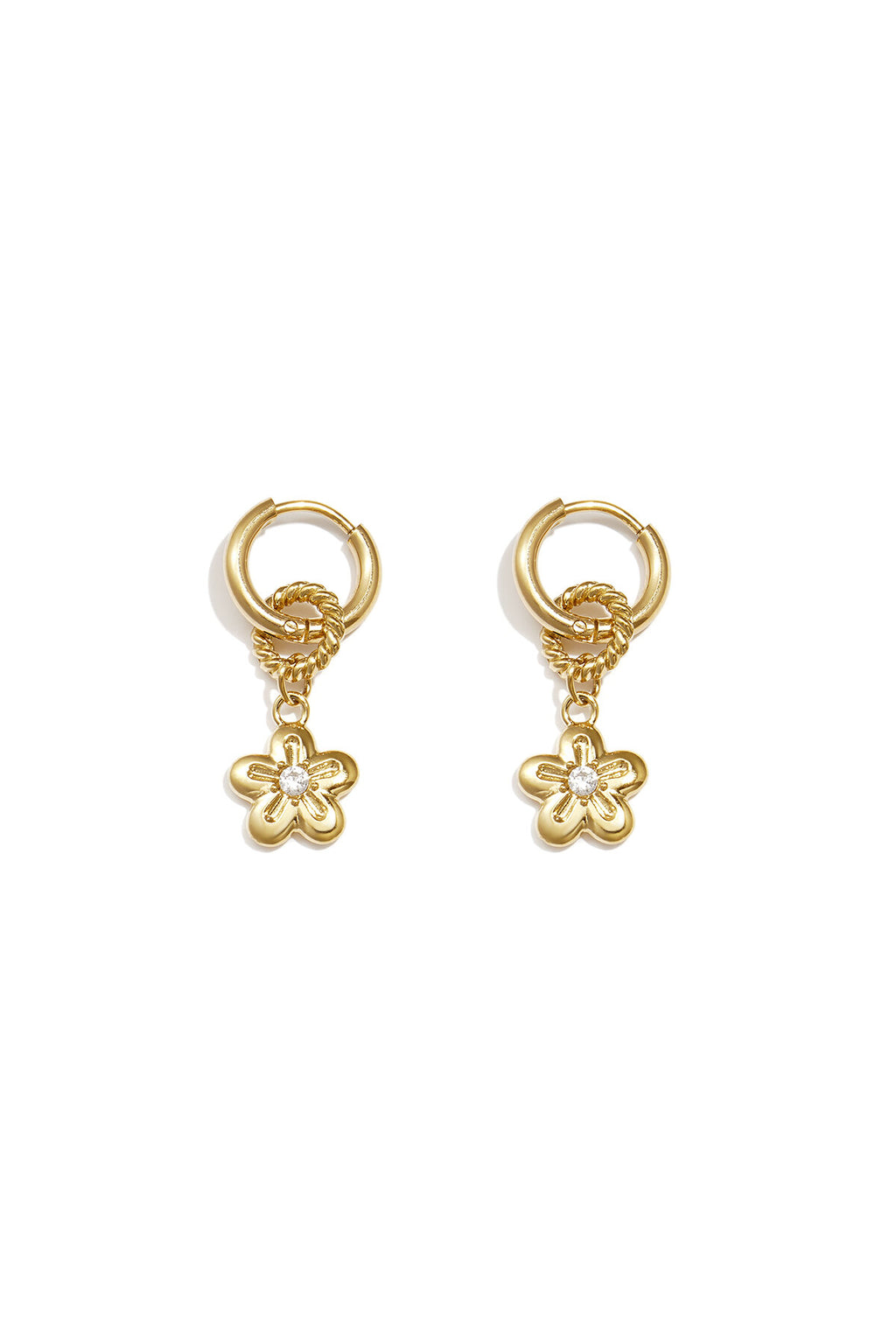 Pendientes Fiorellina · flor calada de circonitas, acero dorado