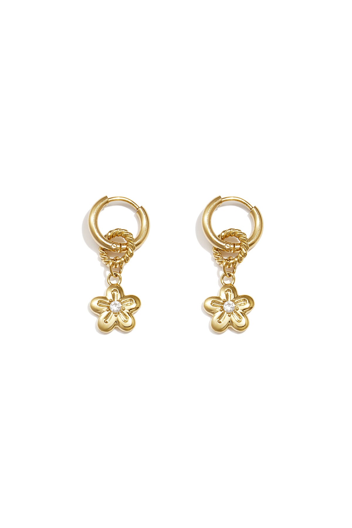 Pendientes Fiorellina · flor calada de circonitas, acero dorado