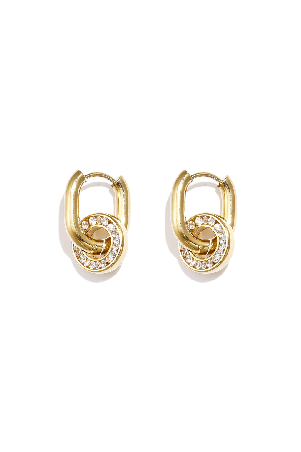 Pendientes Nodo · doble anilla con circonitas, acero dorado