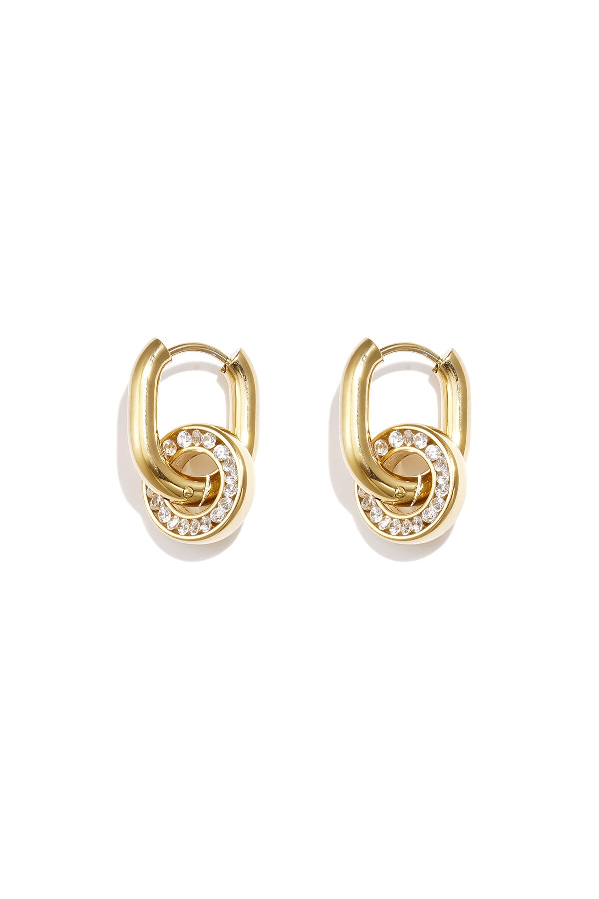 Pendientes Nodo · doble anilla con circonitas, acero dorado