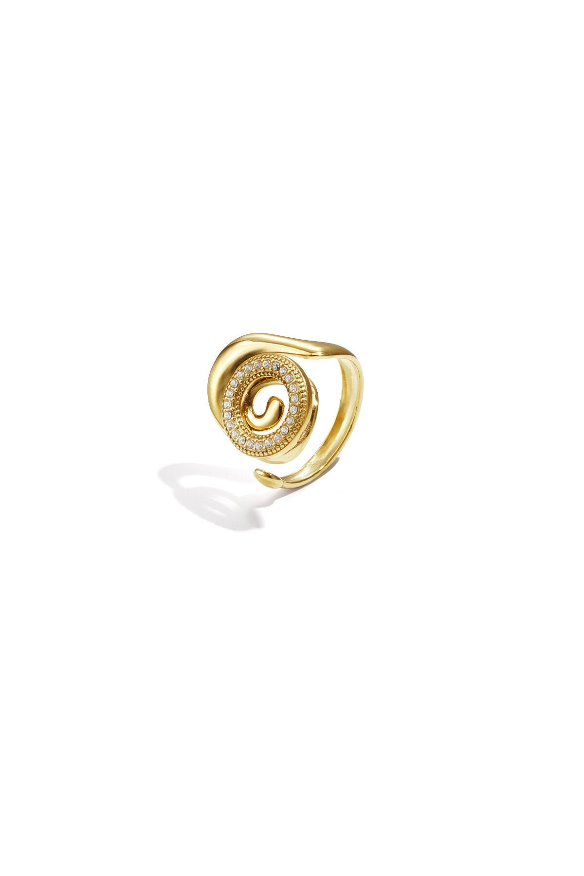 Anillo Spirale · espiral con circonitas, acero dorado