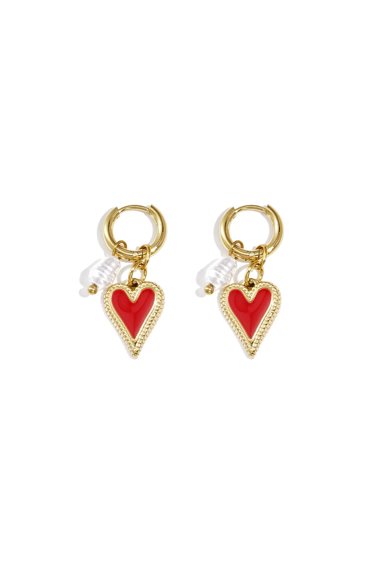 Pendientes Cuore · corazón esmaltado y perla en acero dorado