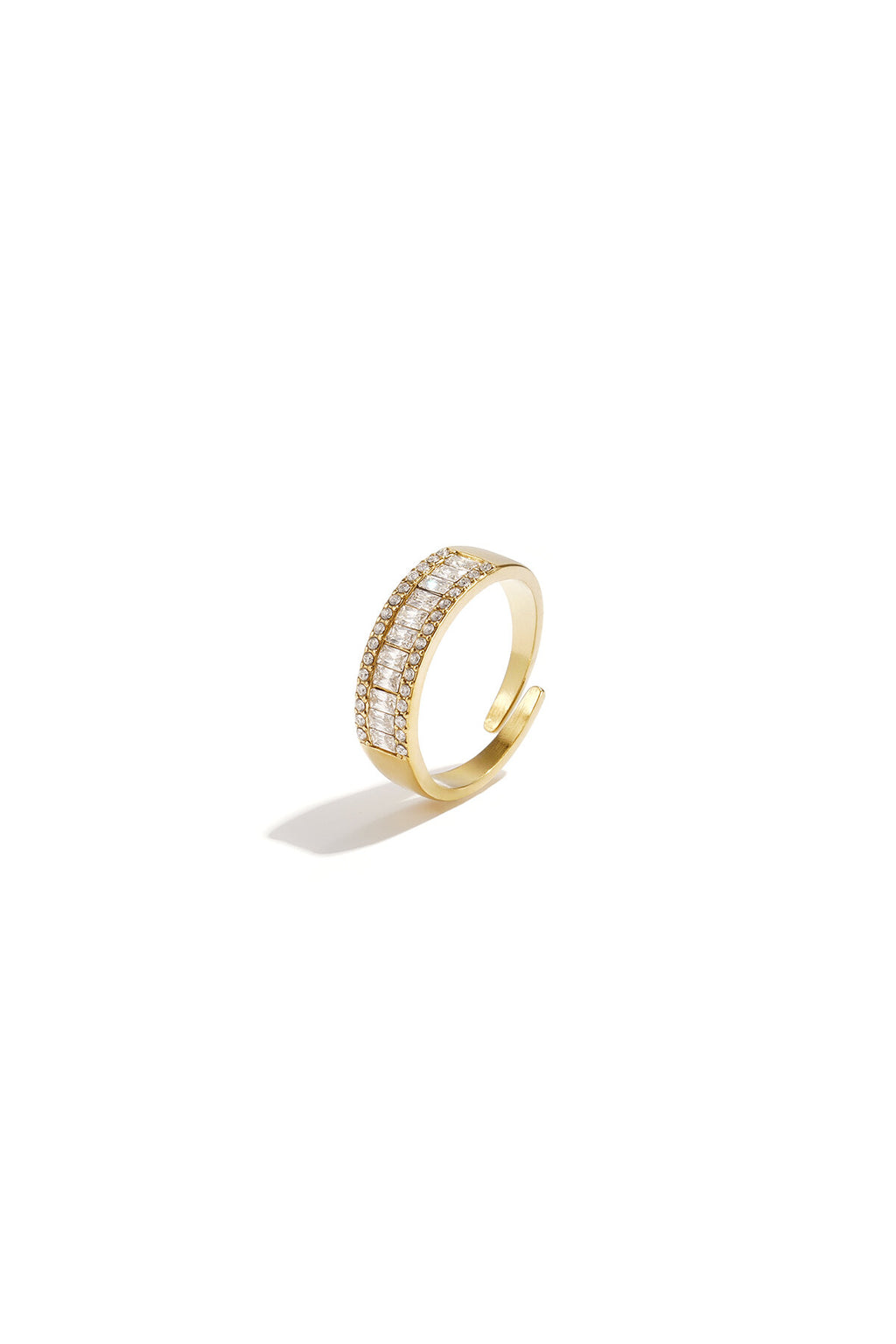 Anillo Baguette · doble hilera de circonitas, acero dorado
