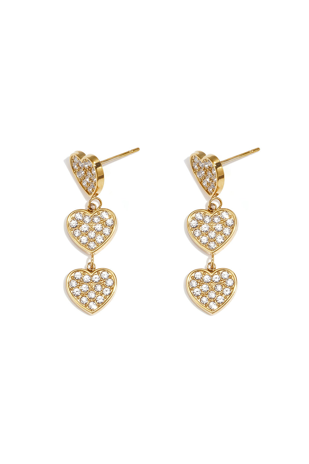 Pendientes Due Cuori · corazones de circonitas, acero dorado