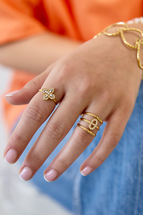 Anillo Maglia · triple aro con eslabón de circonitas, acero dorado — vista 2