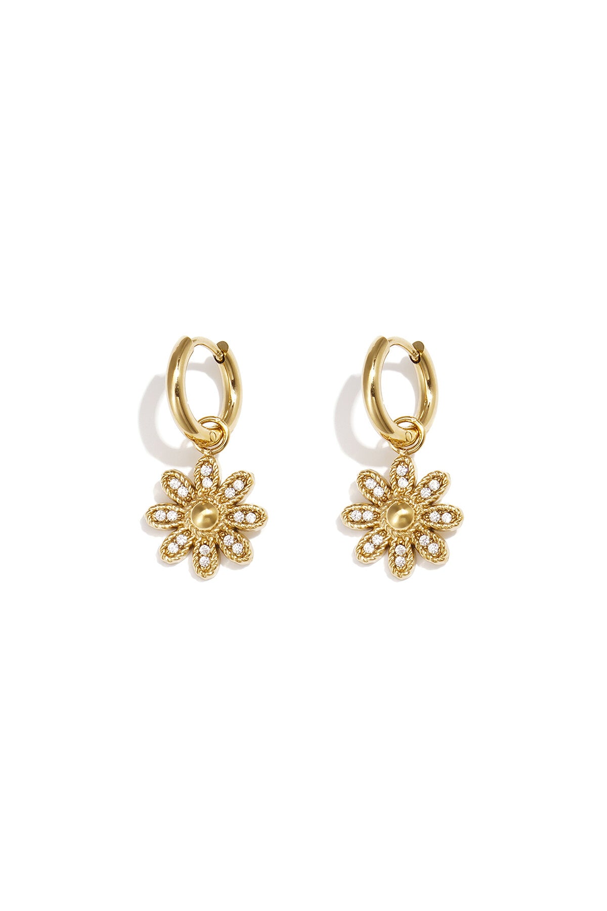 Pendientes Margherita · flor de circonitas en acero dorado