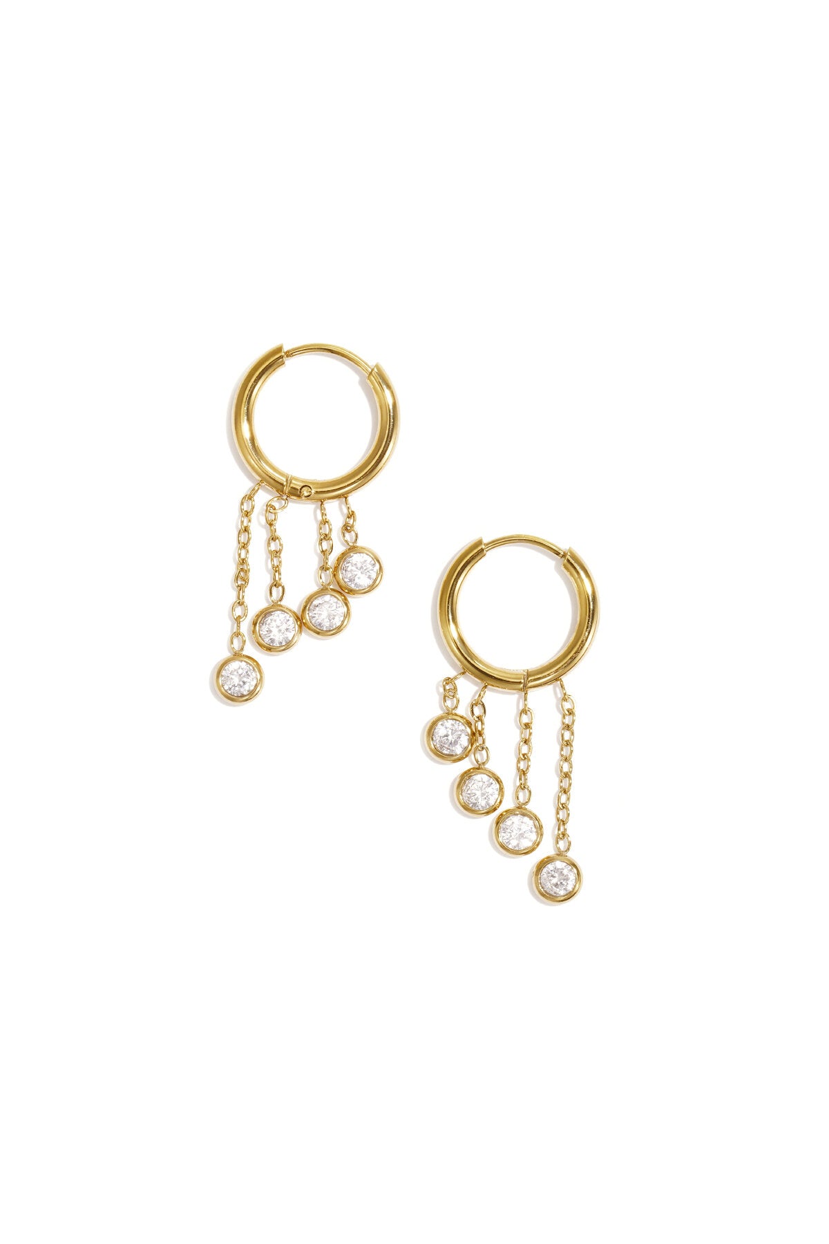 Pendientes Pioggia · cadenitas con circonitas, acero dorado
