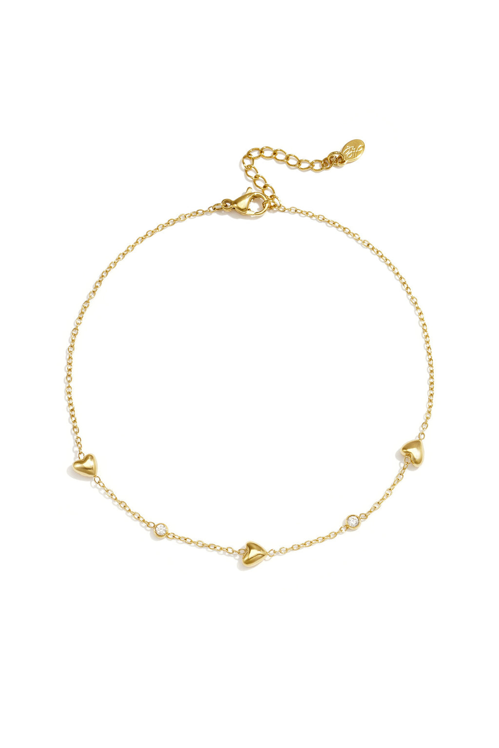 Tobillera Cuore · cadena fina con corazones, acero dorado