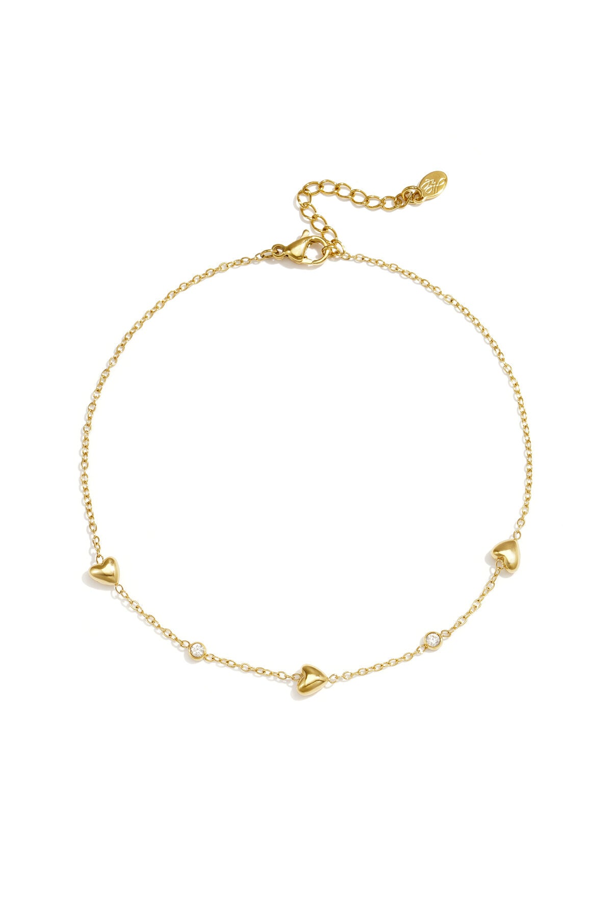 Tobillera Cuore · cadena fina con corazones, acero dorado
