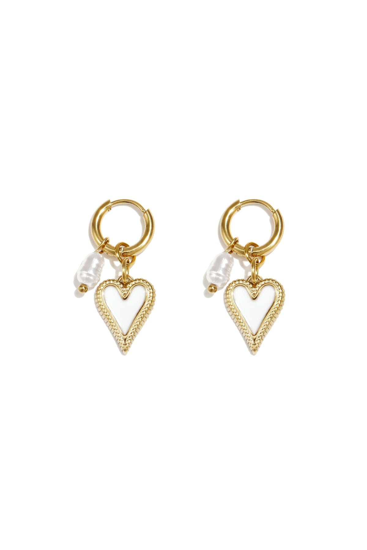 Pendientes Cuore · corazón esmaltado y perla en acero dorado — vista 3