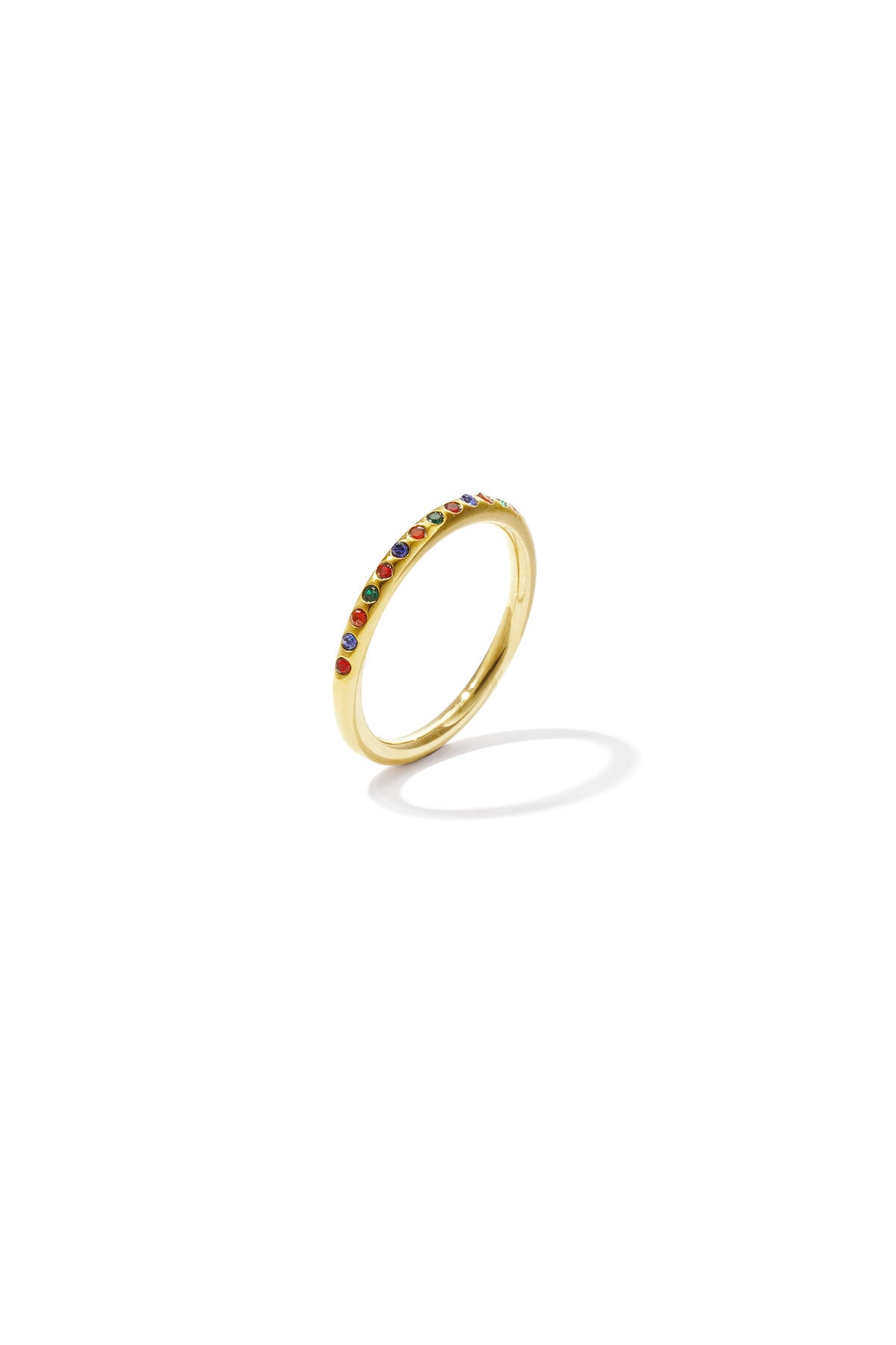 Anillo Arcobaleno · banda fina con circonitas de colores, acero dorado