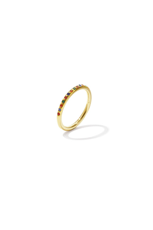 Anillo Arcobaleno · banda fina con circonitas de colores, acero dorado